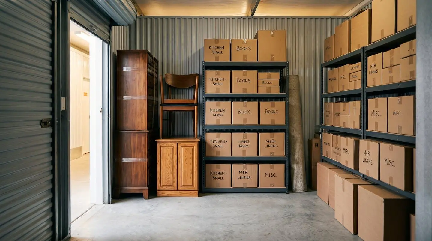 Intérieur d'un box de self-stockage avec mobilier soigneusement empilé et cartons organisés