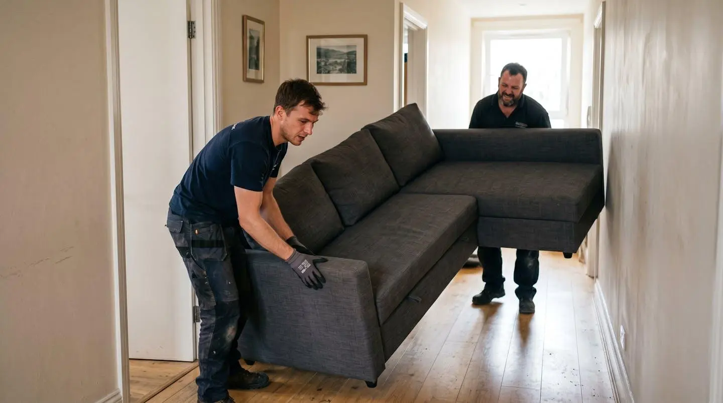 Déménageurs manœuvrant un grand canapé d'angle dans un couloir étroit lors d'un déménagement