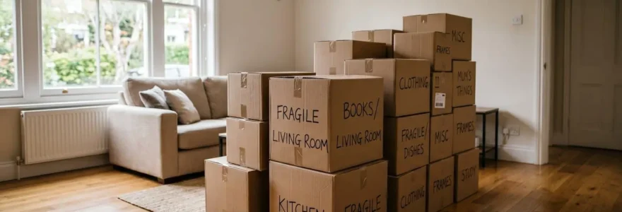 Pièce d'appartement avec cartons de déménagement empilés, vue sur un espace vide en cours de vidage