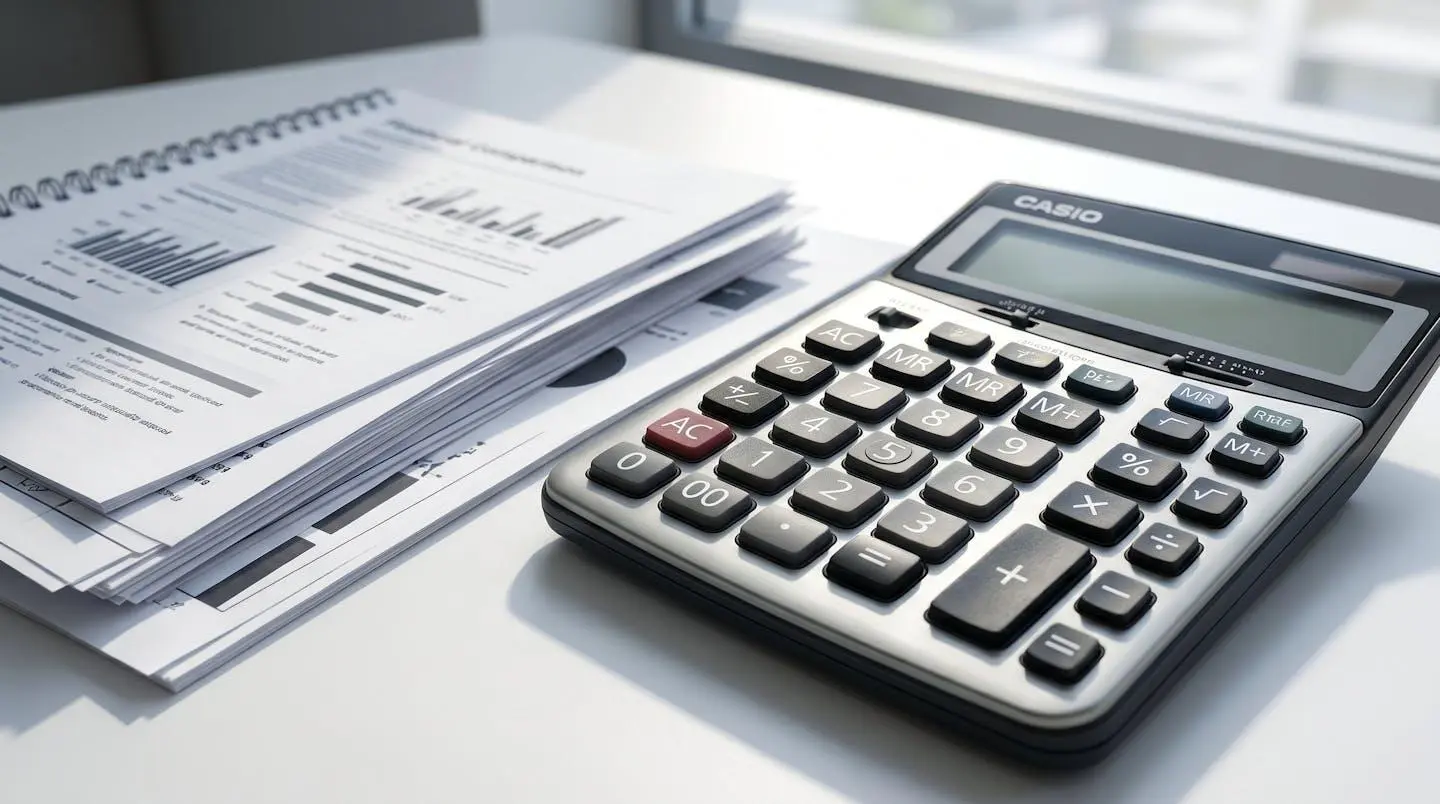 Gros plan de documents financiers comparatifs et calculatrice sur un bureau contemporain avec lumière naturelle