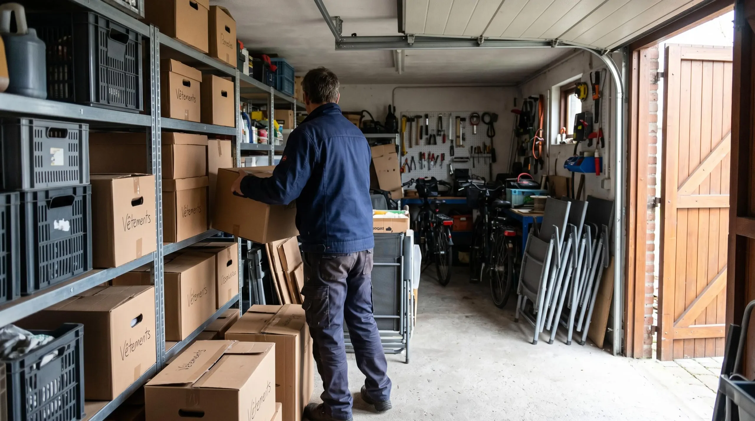 Personne de dos organisant des cartons de stock dans un garage domestique saturé avec lumière naturelle